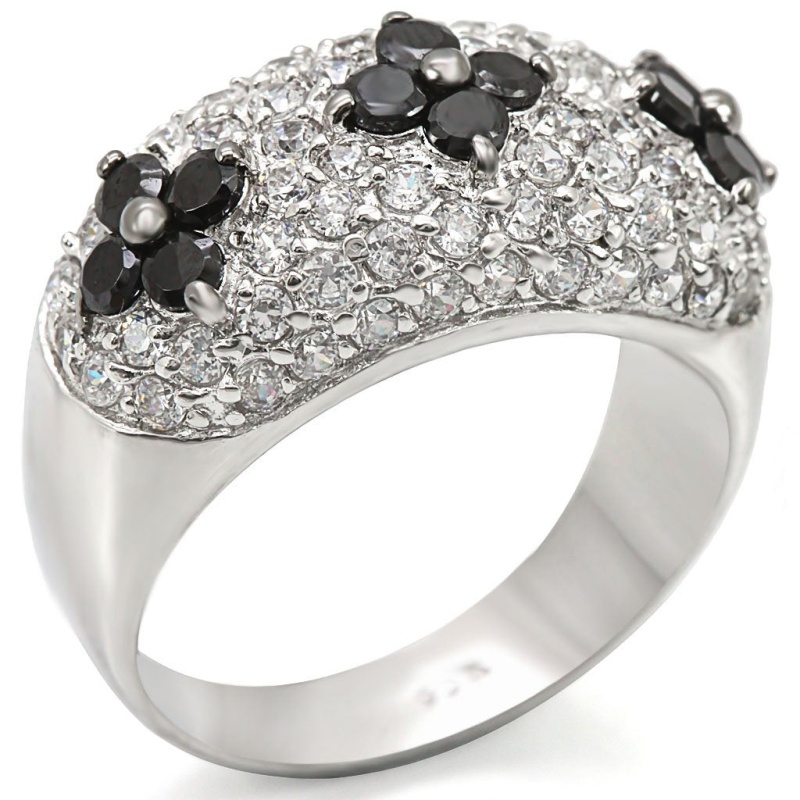 Los468 - Rhodium + Ruthenium 925 Sterling Silver Ring With Aaa Grade Cz In Black Diamond - 9