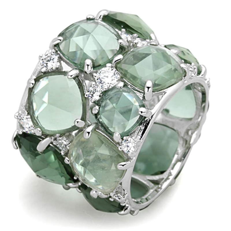 Los764 - Rhodium 925 Sterling Silver Ring With Synthetic Synthetic Glass In Emerald