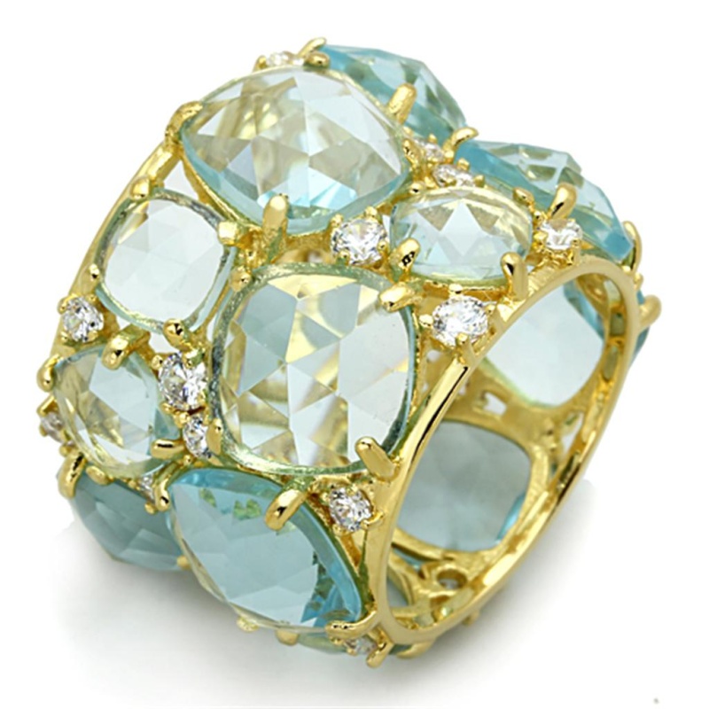 Los766 - Gold 925 Sterling Silver Ring With Synthetic Synthetic Glass In Sea Blue