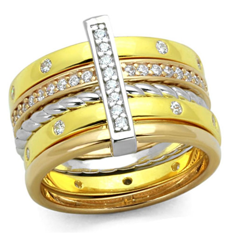 Los810 - Rhodium + Gold + Rose Gold 925 Sterling Silver Ring With Aaa Grade Cz In Clear