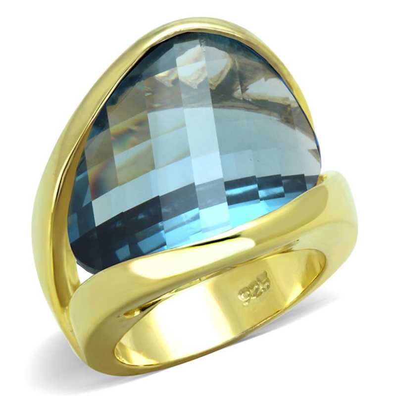 Los826 - Gold 925 Sterling Silver Ring With Synthetic Synthetic Glass In Sea Blue