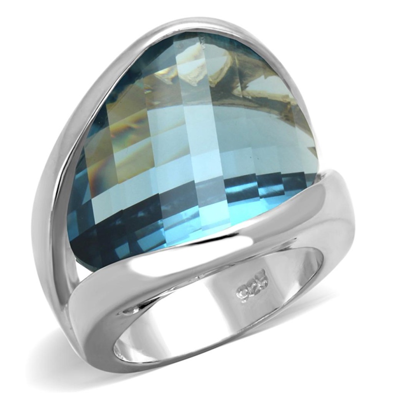 Los831 - Rhodium 925 Sterling Silver Ring With Synthetic Synthetic Glass In Sea Blue