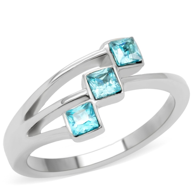 Lotk180 - High Polished (No Plating) Stainless Steel Ring With Synthetic Synthetic Glass In Sea Blue