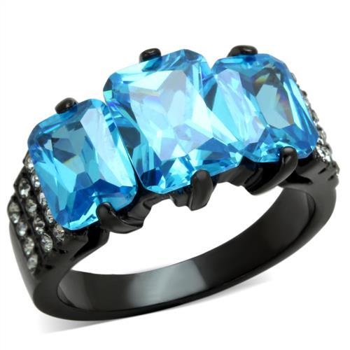 Lotk1866 - Ip Black(Ion Plating) Stainless Steel Ring With Aaa Grade Cz In Sea Blue