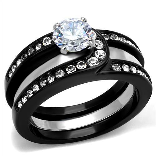 Lotk2303 - Two-Tone Ip Black (Ion Plating) Stainless Steel Ring With Cz In Clear