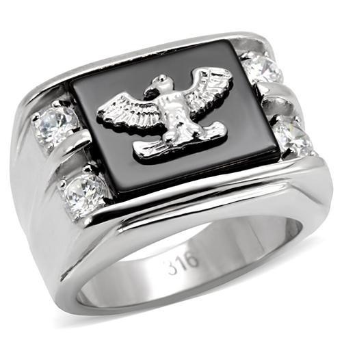 Tk02221 - High Polished (No Plating) Stainless Steel Ring With Semi-Precious Agate In Jet