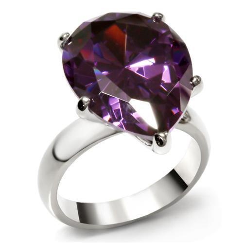 Tk045 - High Polished (No Plating) Stainless Steel Ring With Aaa Grade Cz In Amethyst