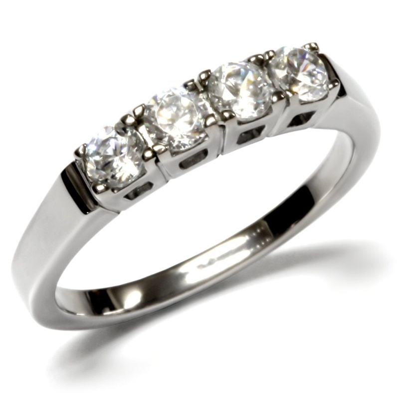 Tk047 - High Polished (No Plating) Stainless Steel Ring With Aaa Grade Cz In Clear
