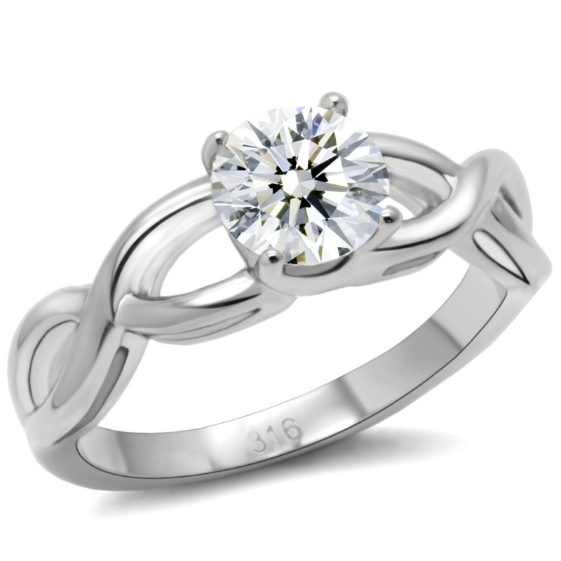 Tk065 - High Polished (No Plating) Stainless Steel Ring With Aaa Grade Cz In Clear