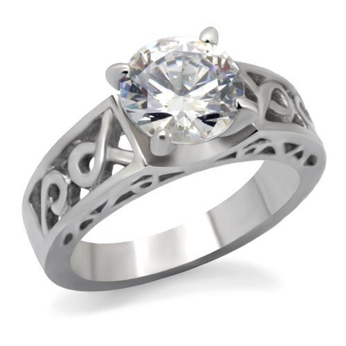 Tk069 - High Polished (No Plating) Stainless Steel Ring With Aaa Grade Cz In Clear