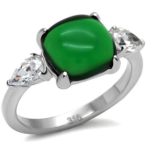 Tk087 - High Polished (No Plating) Stainless Steel Ring With Synthetic Synthetic Glass In Emerald