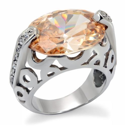 Tk092 - High Polished (No Plating) Stainless Steel Ring With Aaa Grade Cz In Champagne
