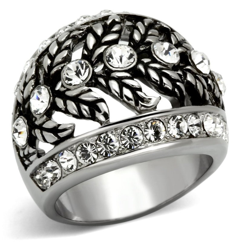 Tk1015 - High Polished (No Plating) Stainless Steel Ring With Top Grade Crystal In Clear