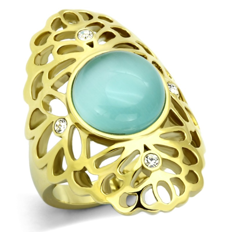 Tk1029 - Ip Gold(Ion Plating) Stainless Steel Ring With Synthetic Cat Eye In Light Sapphire