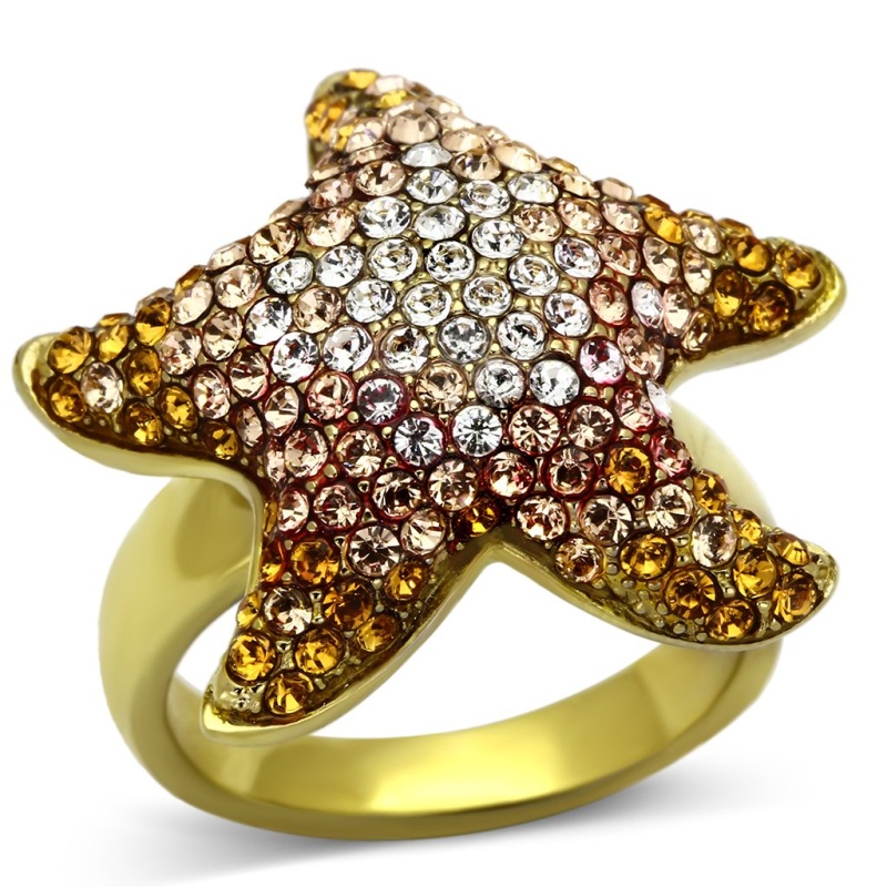 Tk1034 - Ip Gold(Ion Plating) Stainless Steel Ring With Top Grade Crystal In Multi Color