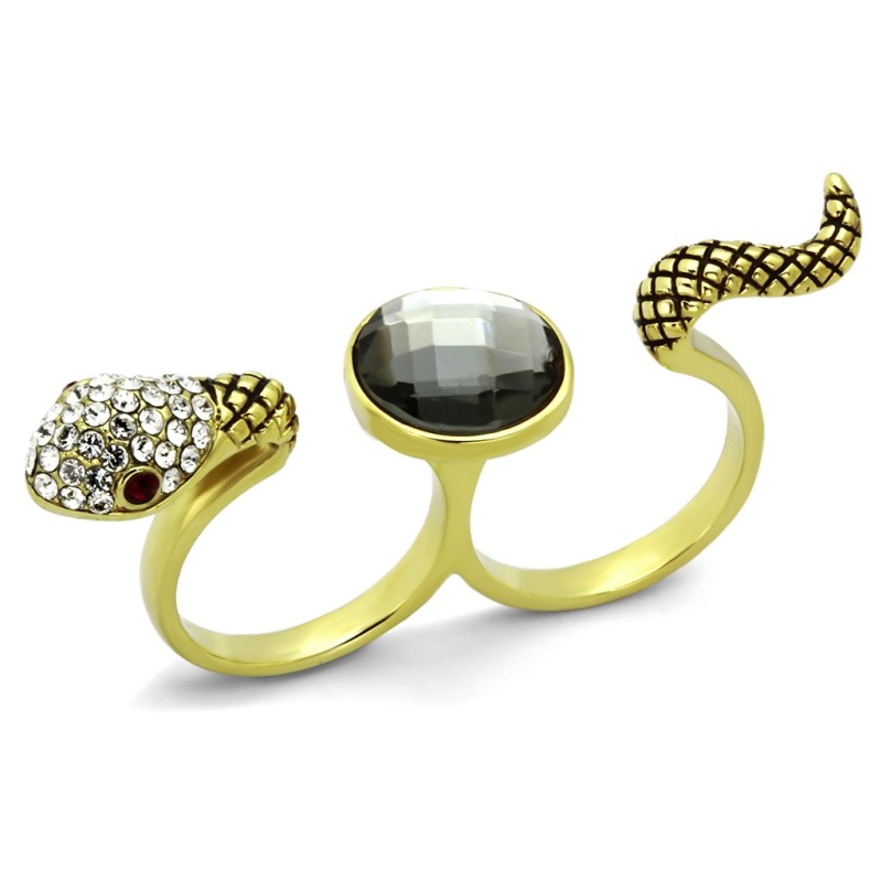 Tk1036 - Ip Gold(Ion Plating) Stainless Steel Ring With Synthetic Glass Bead In Black Diamond