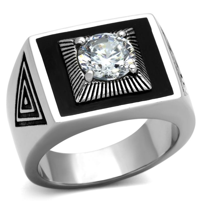 Tk1053 - High Polished (No Plating) Stainless Steel Ring With Aaa Grade Cz In Clear