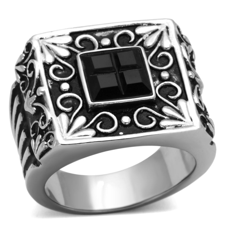 Tk1074 - High Polished (No Plating) Stainless Steel Ring With Synthetic Synthetic Glass In Jet