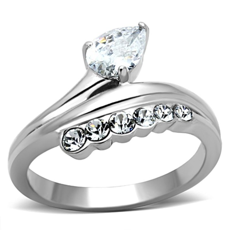 Tk1080 - High Polished (No Plating) Stainless Steel Ring With Aaa Grade Cz In Clear