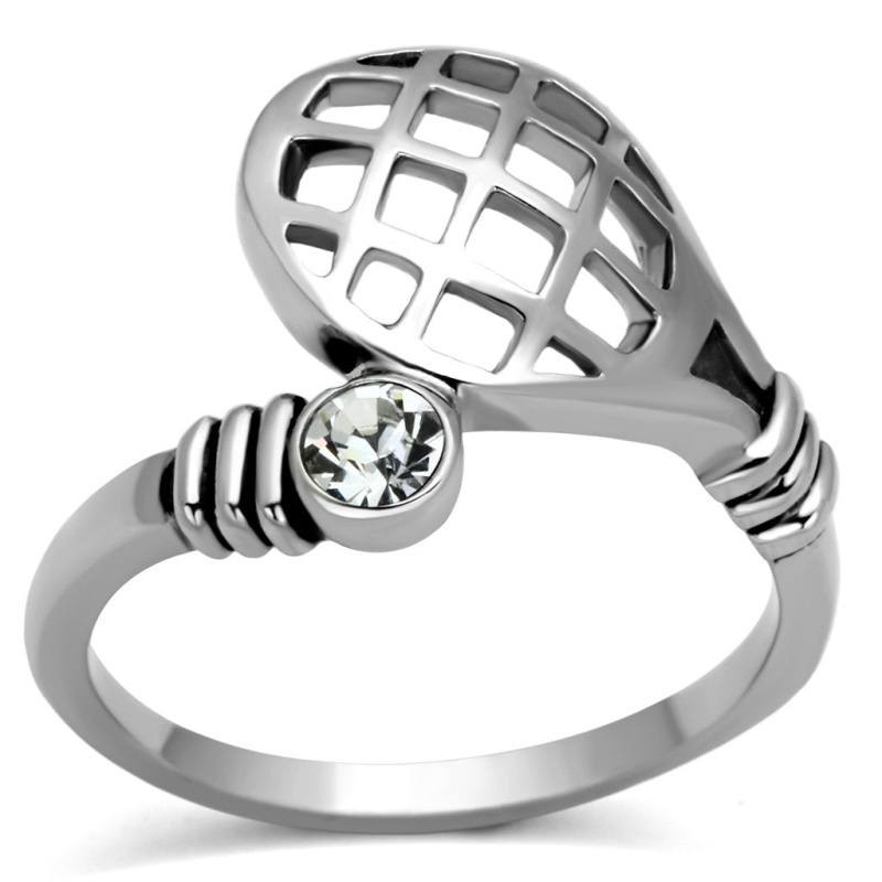 Tk1083 - High Polished (No Plating) Stainless Steel Ring With Top Grade Crystal In Clear