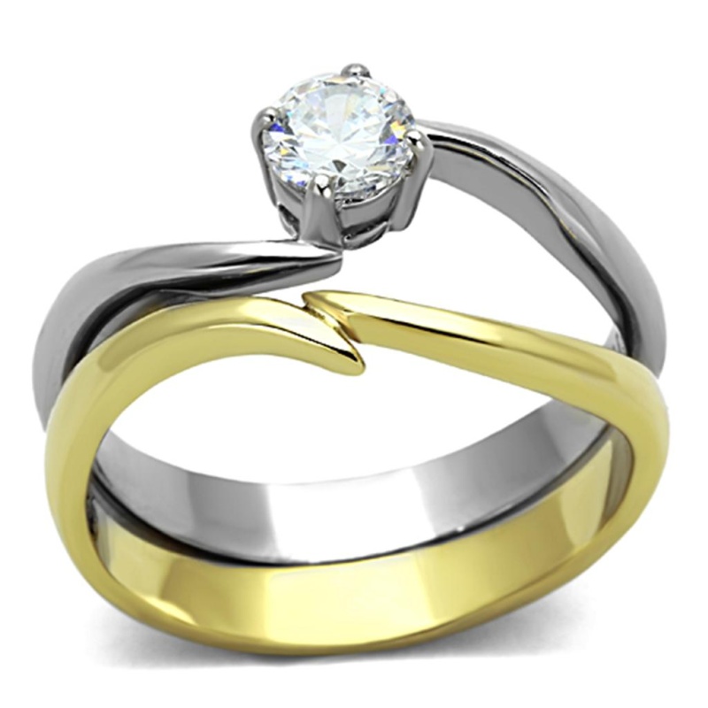 Tk1092 - Two-Tone Ip Gold (Ion Plating) Stainless Steel Ring With Aaa Grade Cz In Clear