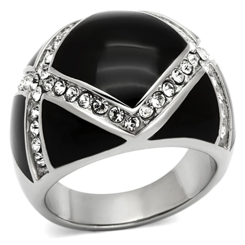 Tk1132 - High Polished (No Plating) Stainless Steel Ring With Top Grade Crystal In Clear