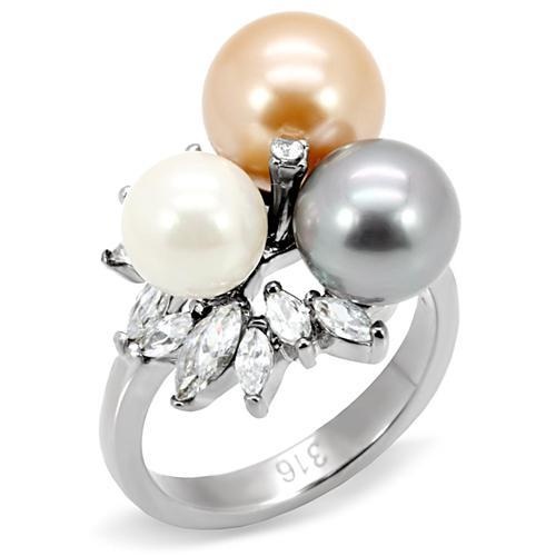 Tk114 - High Polished (No Plating) Stainless Steel Ring With Synthetic Pearl In Multi Color