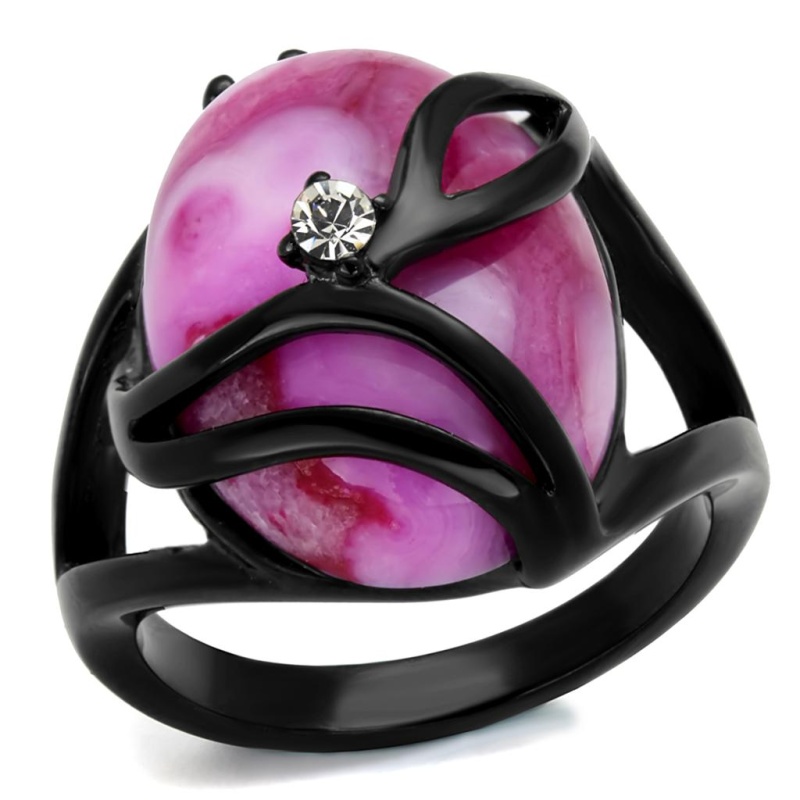 Tk1144j - Ip Black(Ion Plating) Stainless Steel Ring With Synthetic Cat Eye In Fuchsia
