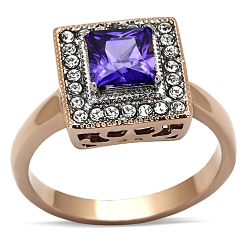 Tk1162 - Two-Tone Ip Rose Gold Stainless Steel Ring With Aaa Grade Cz In Tanzanite