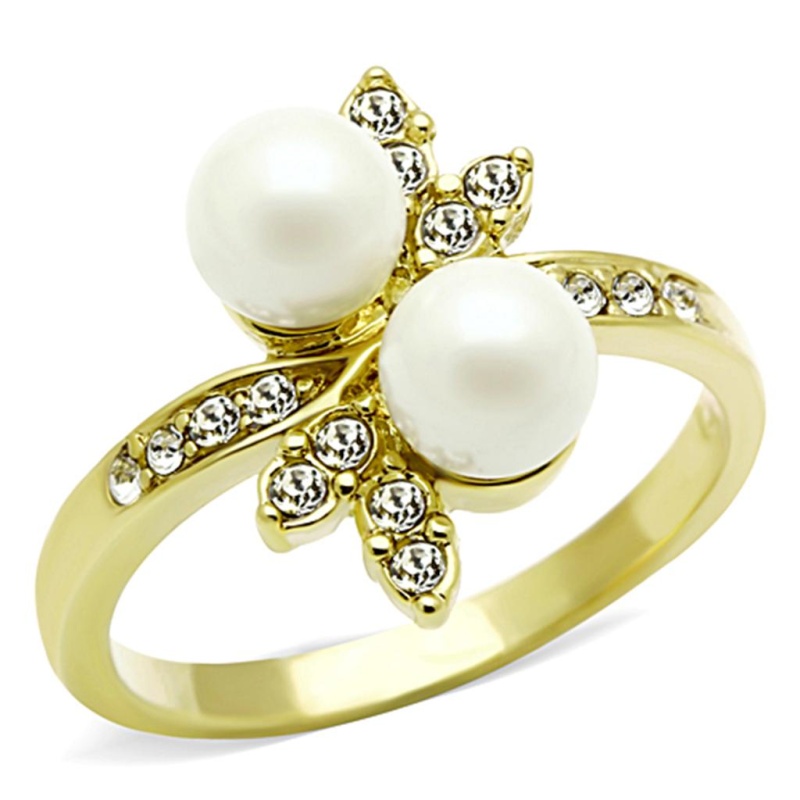 Tk116g - Ip Gold(Ion Plating) Stainless Steel Ring With Synthetic Pearl In White