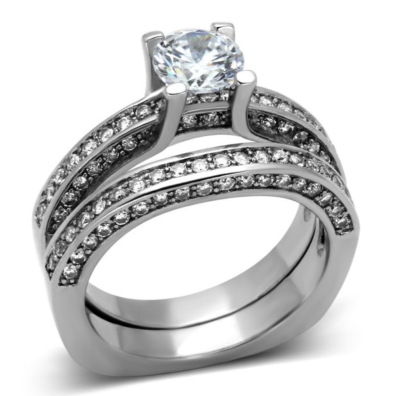 Tk1175 - High Polished (No Plating) Stainless Steel Ring With Aaa Grade Cz In Clear