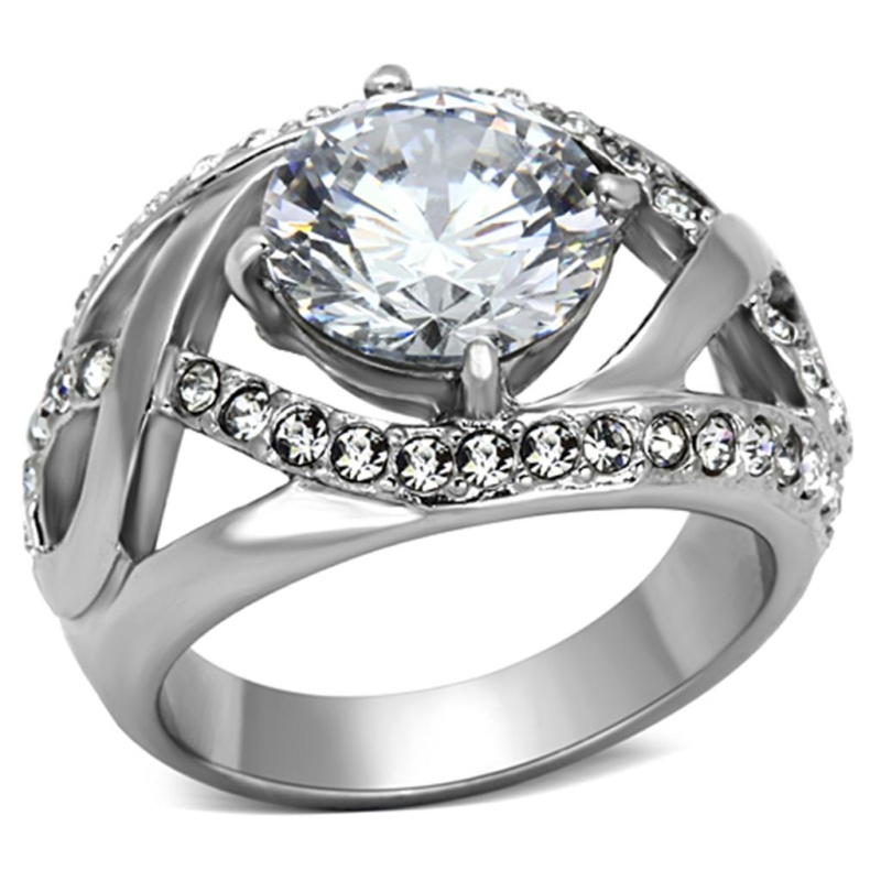 Tk1176 - High Polished (No Plating) Stainless Steel Ring With Aaa Grade Cz In Clear