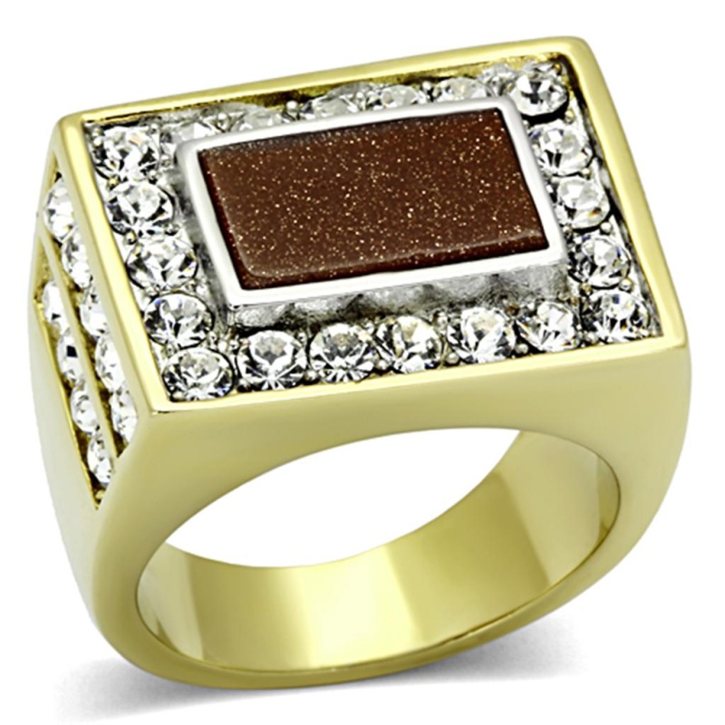 Tk1194 - Two-Tone Ip Gold (Ion Plating) Stainless Steel Ring With Synthetic Twinkling In Topaz