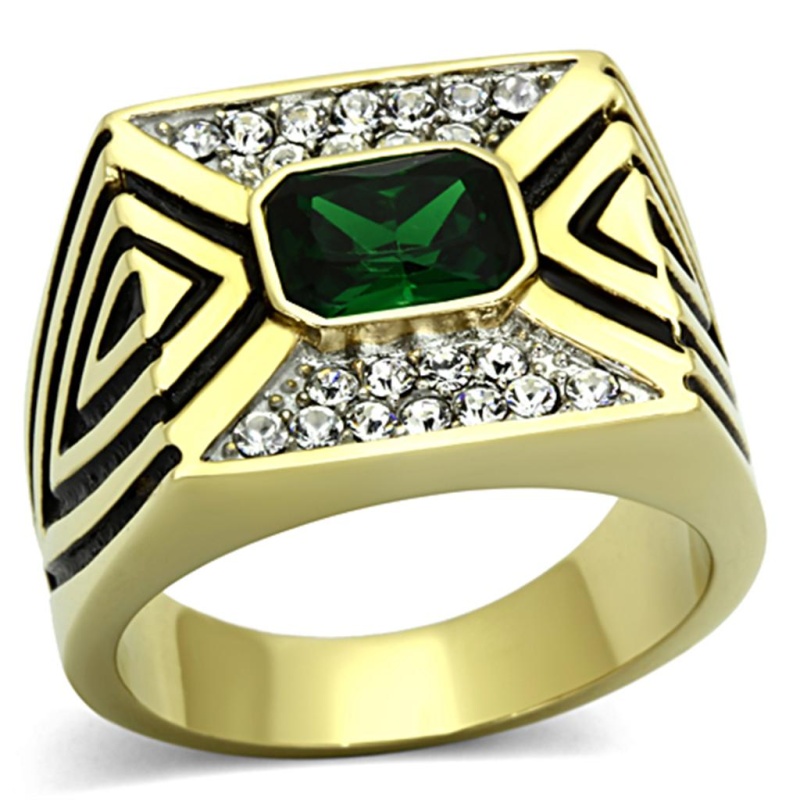 Tk1195 - Two-Tone Ip Gold (Ion Plating) Stainless Steel Ring With Synthetic Synthetic Glass In Emerald