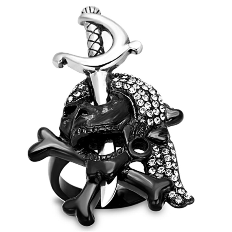 Tk1204 - Two-Tone Ip Black Stainless Steel Ring With Top Grade Crystal In Black Diamond