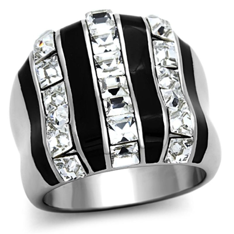 Tk1213 - High Polished (No Plating) Stainless Steel Ring With Top Grade Crystal In Clear