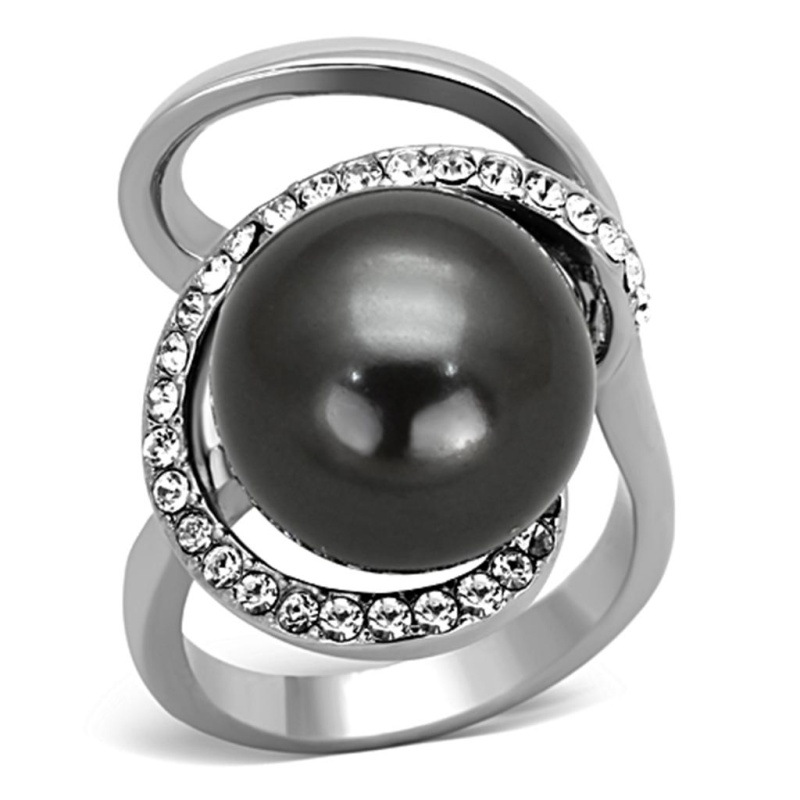 Tk1218 - High Polished (No Plating) Stainless Steel Ring With Synthetic Pearl In Gray