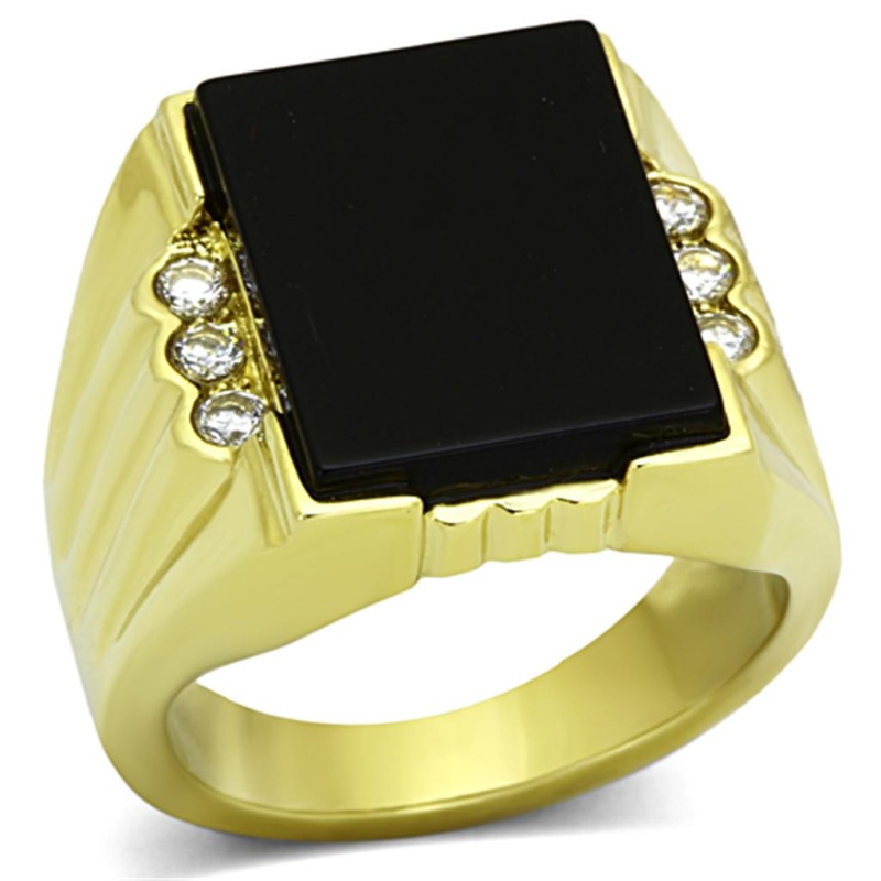 Tk1236 - Ip Gold(Ion Plating) Stainless Steel Ring With Synthetic Onyx In Jet