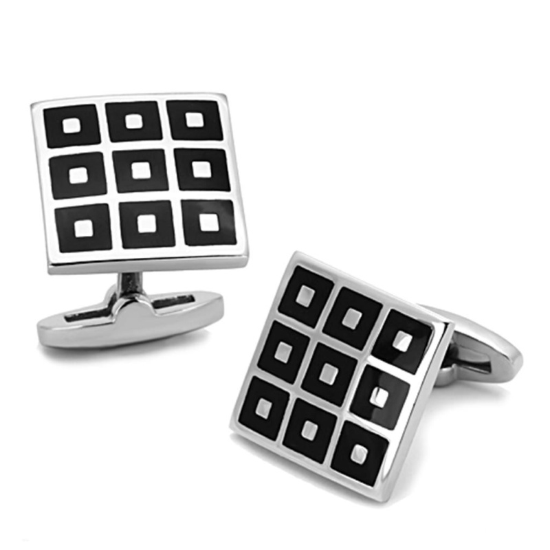 High Polished (No Plating) Stainless Steel Cufflink With Epoxy In Jet