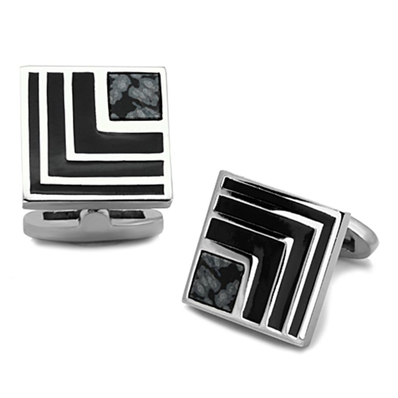High Polished (No Plating) Stainless Steel Cufflink With Synthetic Onyx In Jet