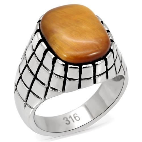 Tk129 - High Polished (No Plating) Stainless Steel Ring With Synthetic Tiger Eye In Topaz