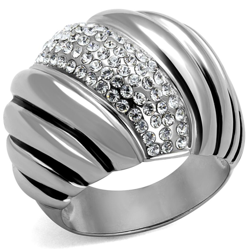 Tk1304 - High Polished (No Plating) Stainless Steel Ring With Top Grade Crystal In Clear