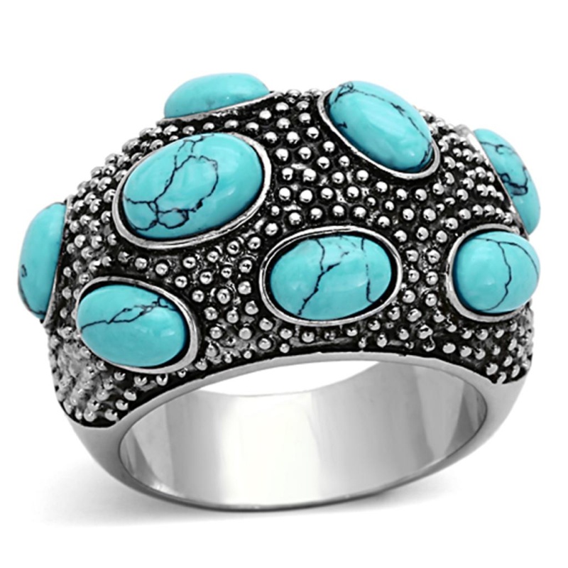 Tk1308 - High Polished (No Plating) Stainless Steel Ring With Synthetic Turquoise In Sea Blue