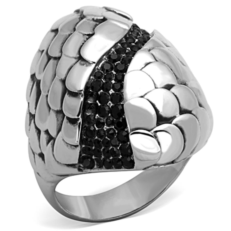 Tk1327 - High Polished (No Plating) Stainless Steel Ring With Top Grade Crystal In Jet