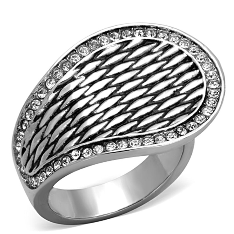 Tk1328 - High Polished (No Plating) Stainless Steel Ring With Top Grade Crystal In Clear