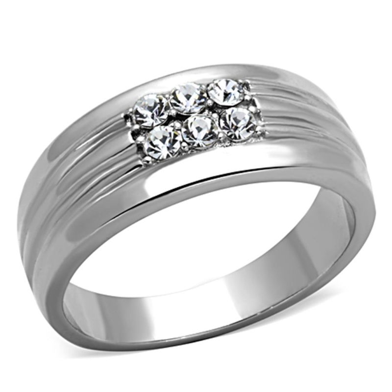Tk1357 - High Polished (No Plating) Stainless Steel Ring With Top Grade Crystal In Clear