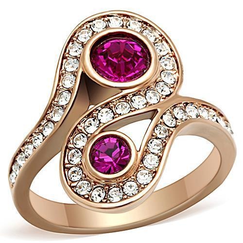 Tk1413 - Ip Rose Gold(Ion Plating) Stainless Steel Ring With Top Grade Crystal In Fuchsia
