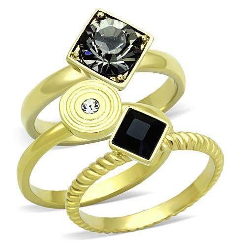 Tk1417 - Ip Gold(Ion Plating) Stainless Steel Ring With Top Grade Crystal In Jet