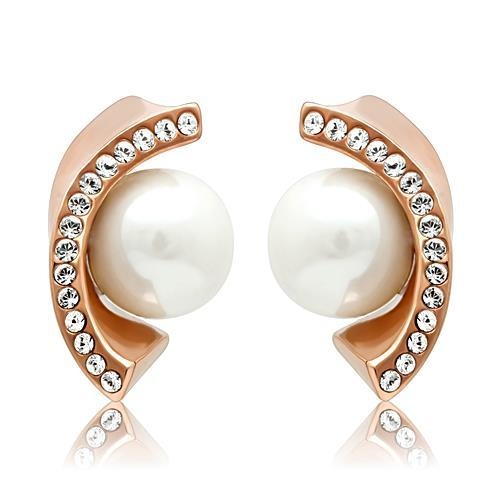 Ip Rose Gold(Ion Plating) Stainless Steel Earrings With Synthetic Pearl In White