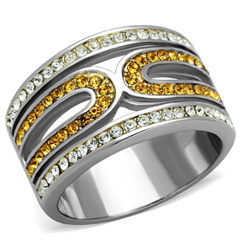 Tk1555 - Two-Tone Ip Gold (Ion Plating) Stainless Steel Ring With Top Grade Crystal In Topaz